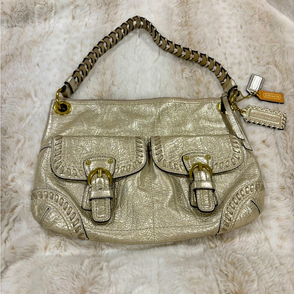 COACH Poppy Metallic Leather Whipstitch Hippie Convertible Handbag/Crossbody
